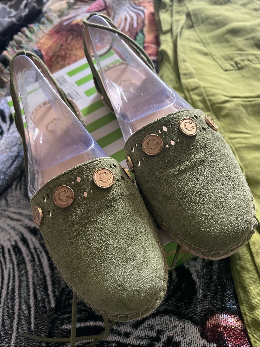 C. Wonder Olive Green Suede Espadrille Flats with Gold Medallions